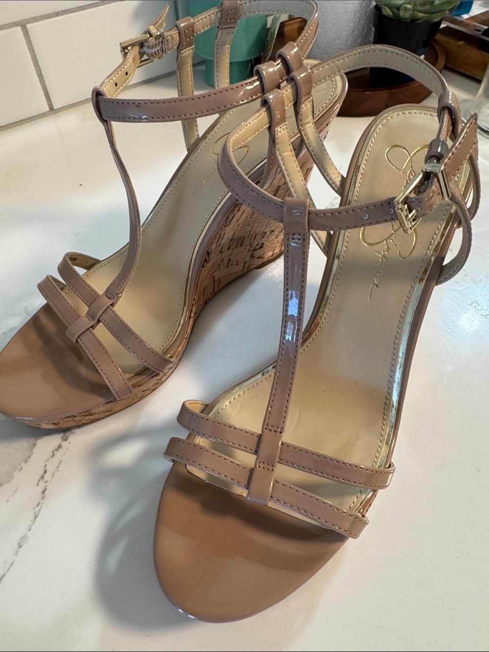 Jessica Simpson Nude Patent T-Strap Cork Wedge Sandals